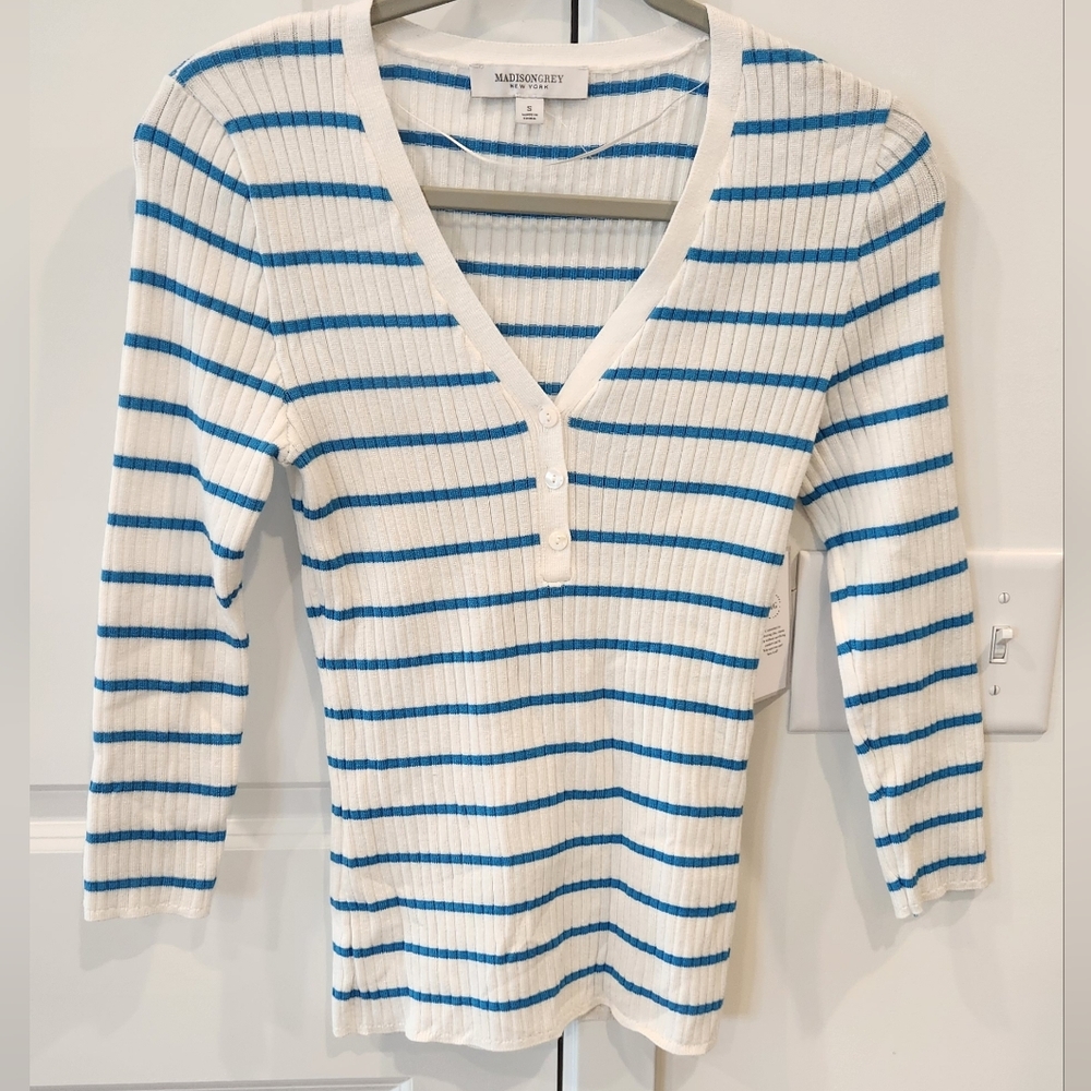 Madison Grey White & Blue Striped Ribbed Henley Long Sleeve Top